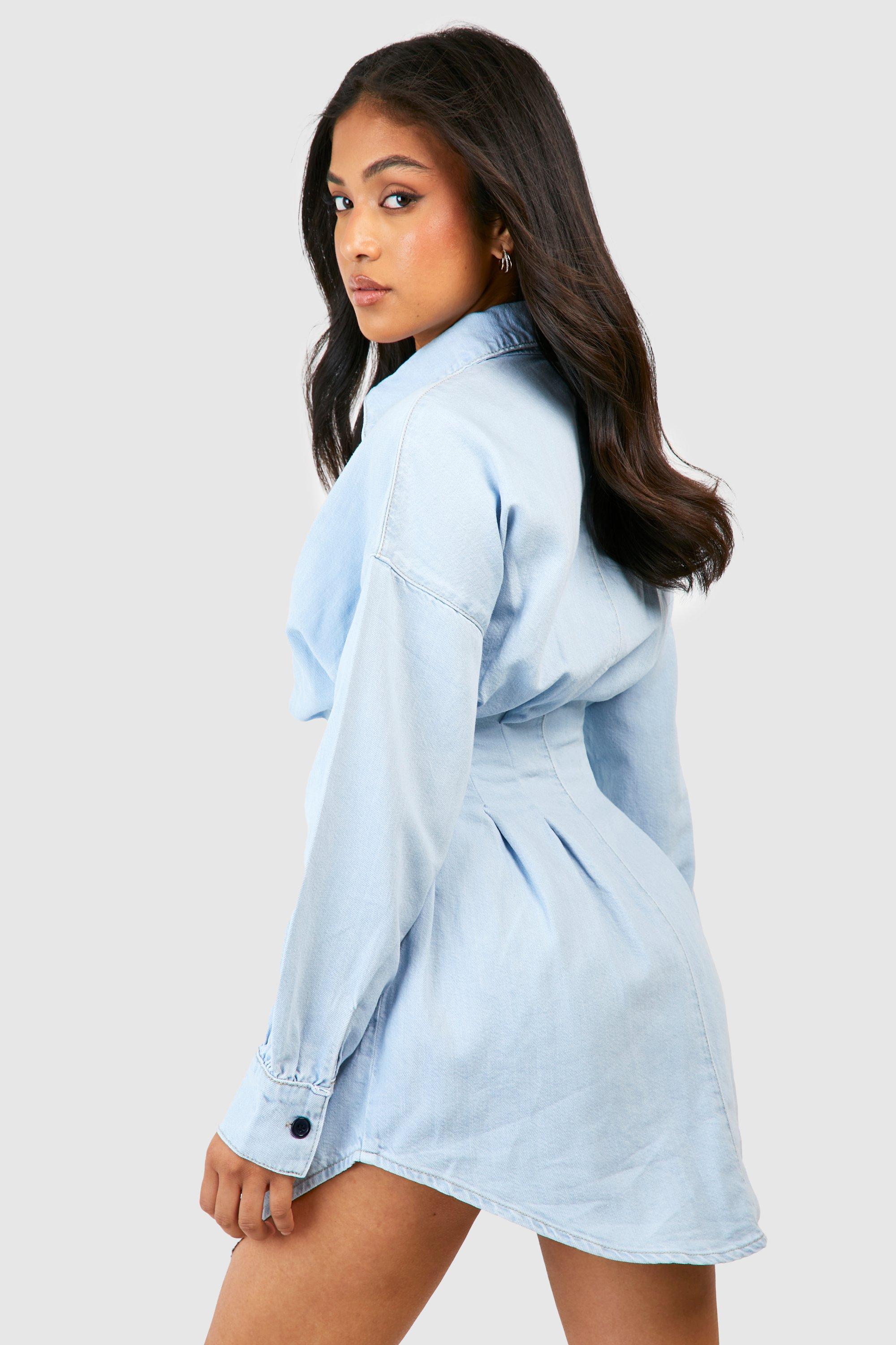 Petite Cinched Waist Denim Shirt Dress boohoo AU